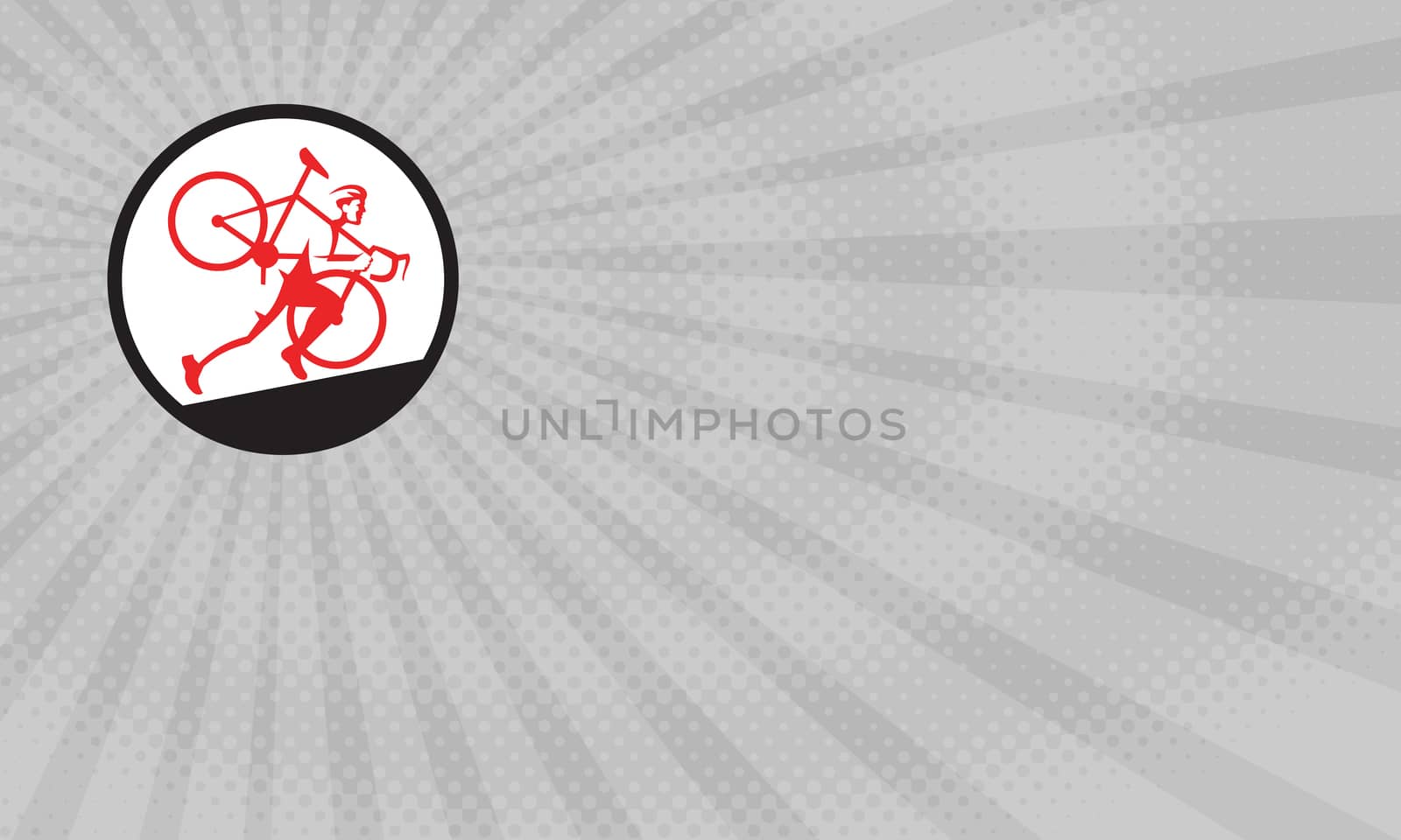 Business card showing Illustration of a cyclocross athlete carrying bicycle on shoulder running uphill viewed from the side set inside circle done in retro style. 



