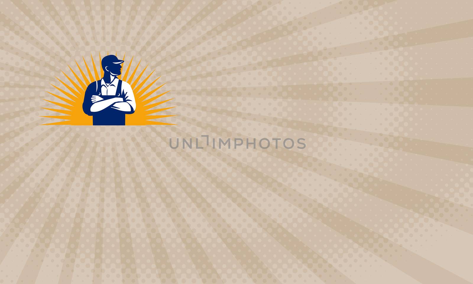 Business card showing Illustration of an organic farmer wearing hat and overalls arms folded looking to the side viewed from front with sunburst in the background done in retro style. 



