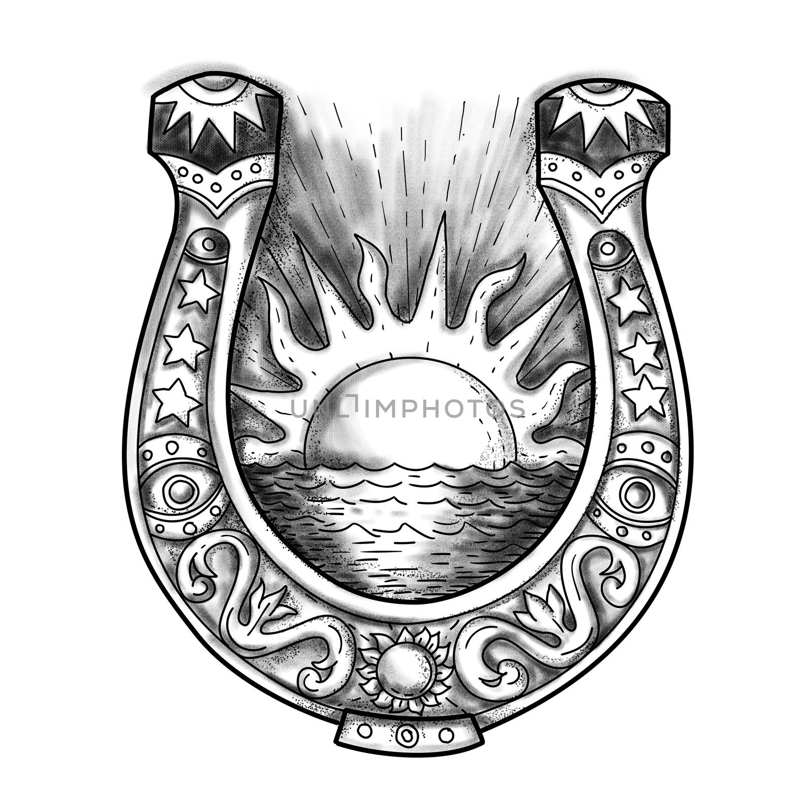 Tattoo style illustration of am embellished and decorative horseshoe with shining sun and sea in the middle on isolated background.