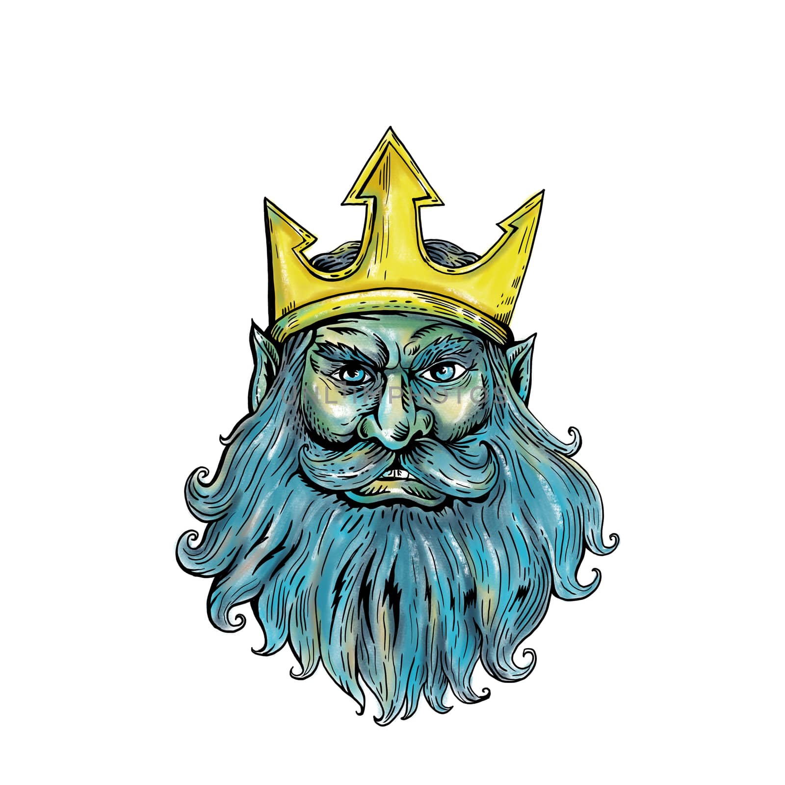 Woodcut style illustration of head of Neptune, Poseidon or Triton wearing a trident crown with flowing beard front view on isolated background.