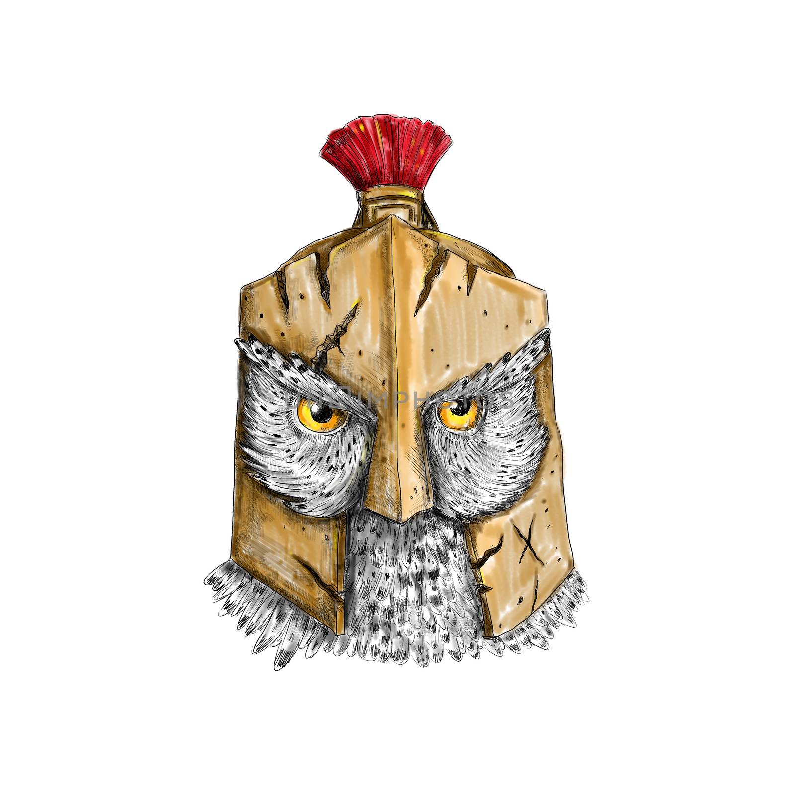 Tattoo style illustration of an owl wearing a spartan helmet viewed from front.