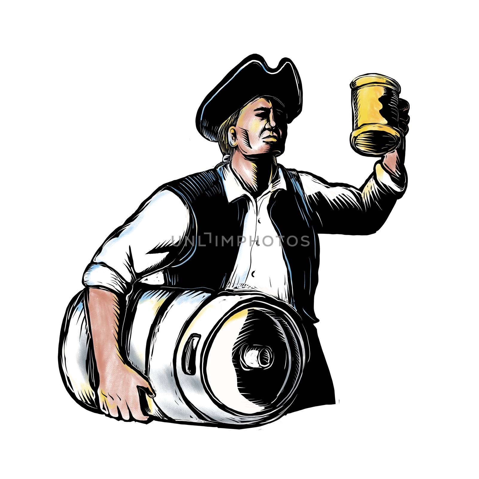 Scratchboard style illustration of an American Patriot Carrying  Beer Keg drum and holding up an ale mug on isolated background.
