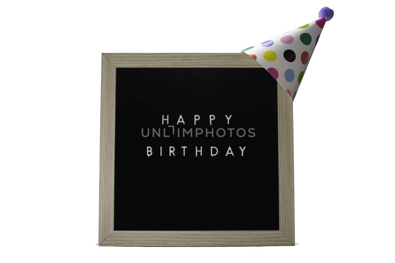 A Birch Framed Sign That Says Happy Birthday in White Letters With a White Party Hat on Top on a Pure White Background