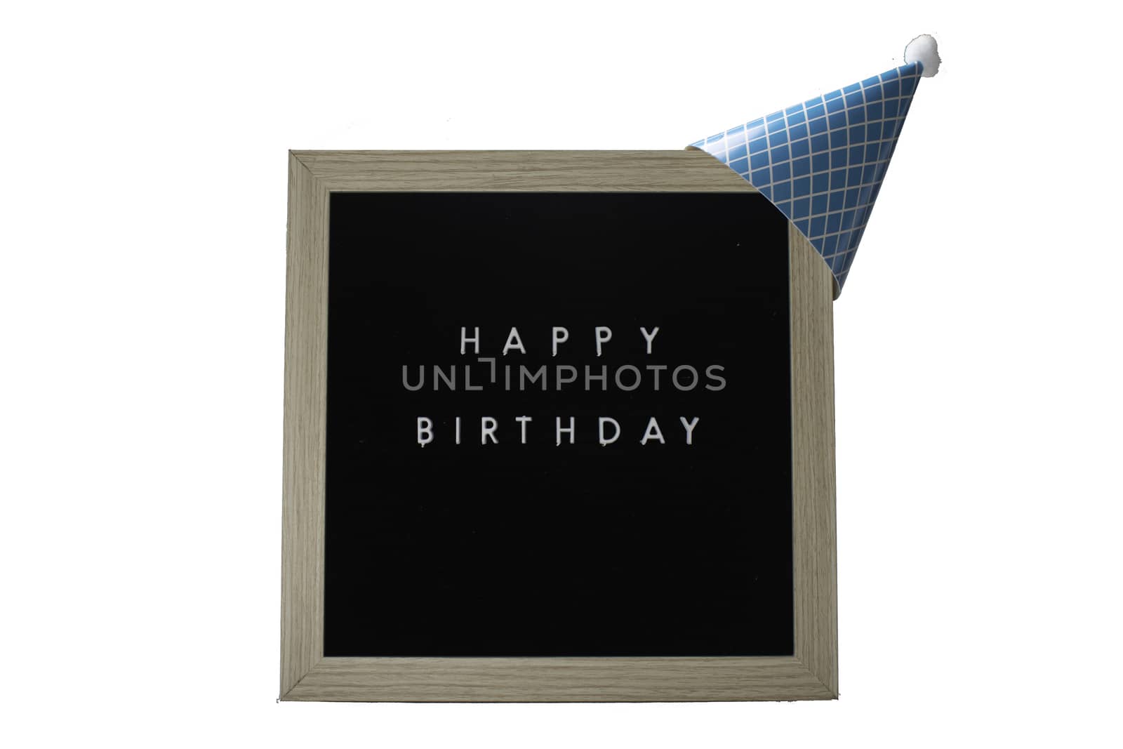 A Birch Framed Sign That Says Happy Birthday in White Letters With a Light Blue Party Hat on Top on a Pure White Background