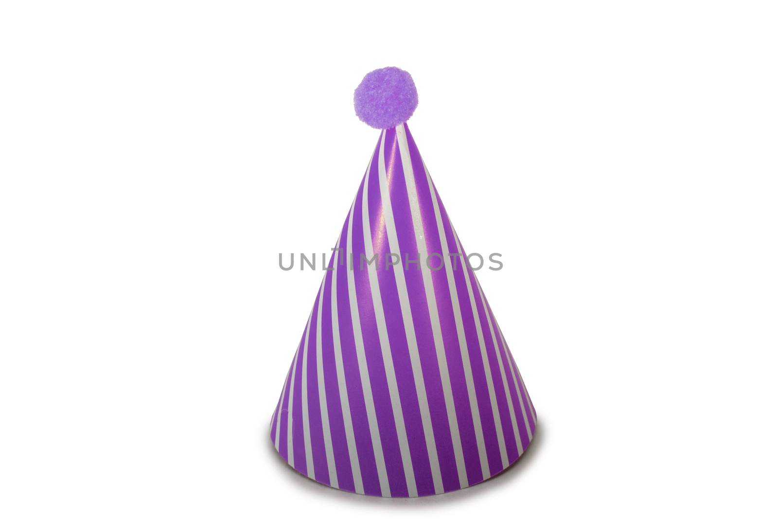 A Purple Birthday Hat with Stripes on a Pure White Background