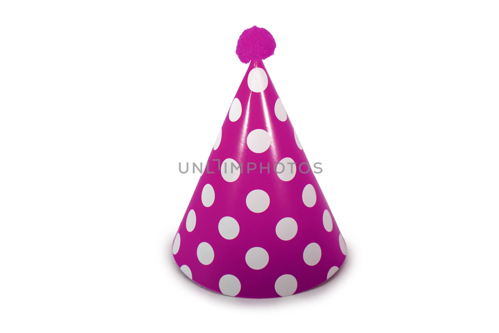 A Pink Birthday Hat with White Polka-Dots on a Pure White Background
