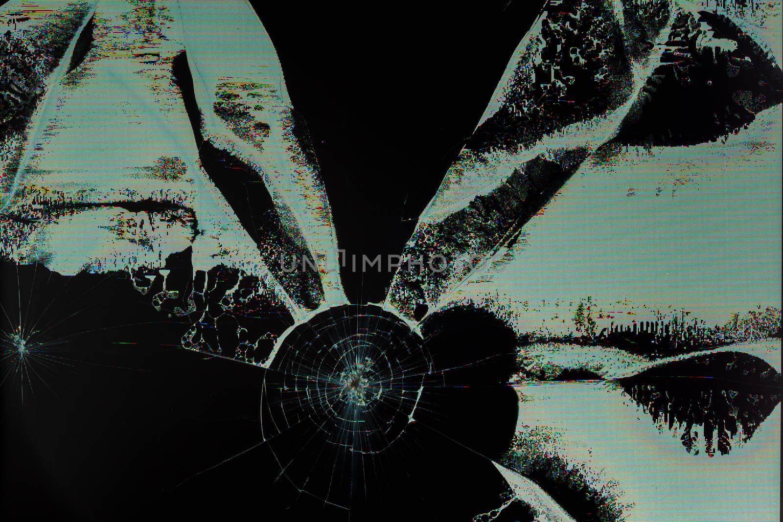 broken lcd tft tn screen flat macro texture with crystal leakage and physical damage cracks.