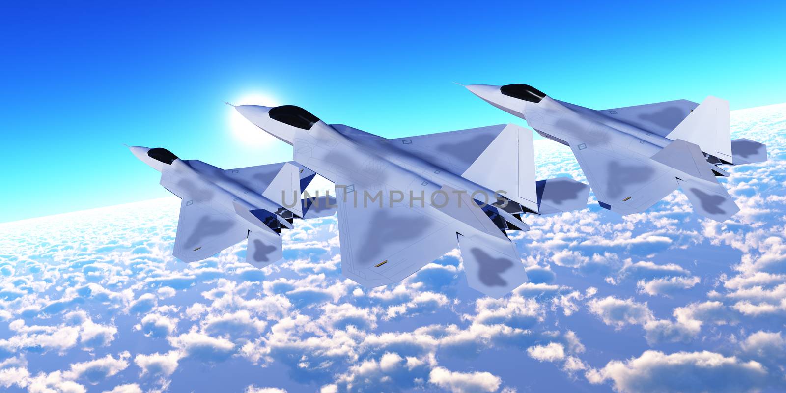 Three F-22 fighter jets with supersonic twin-engines cruise over the cloud layer on their mission.