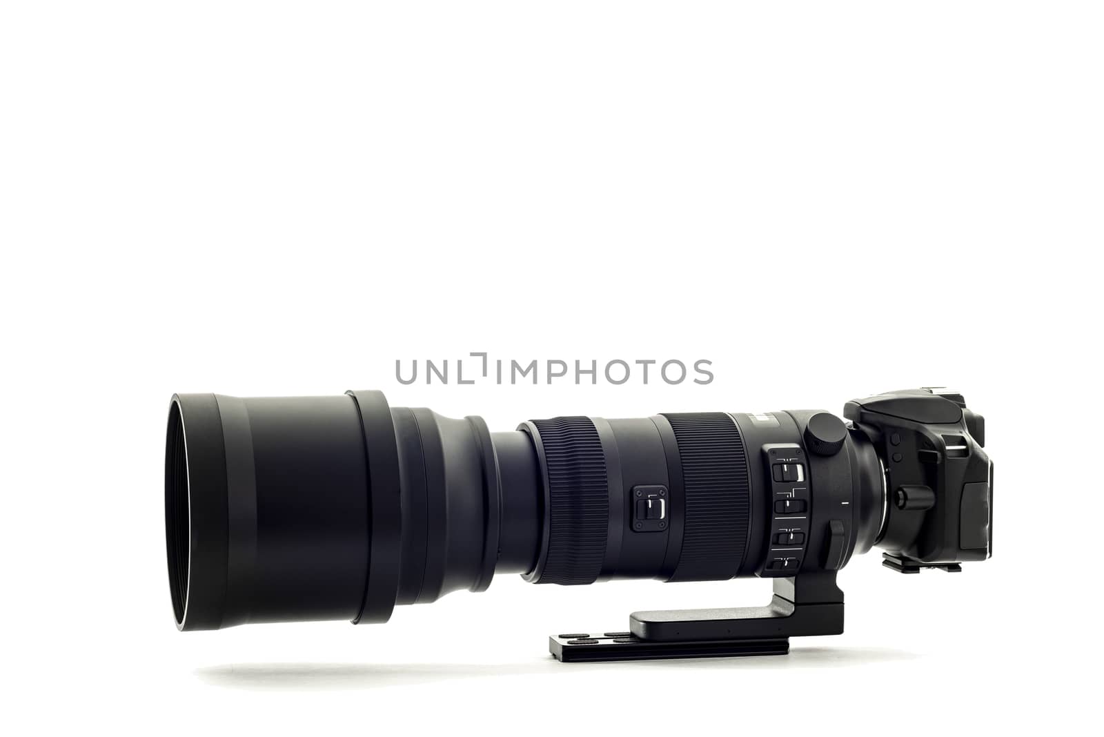 Modern DSLR Camera With Super Telephoto Zoom Lens On White by stockbuster1