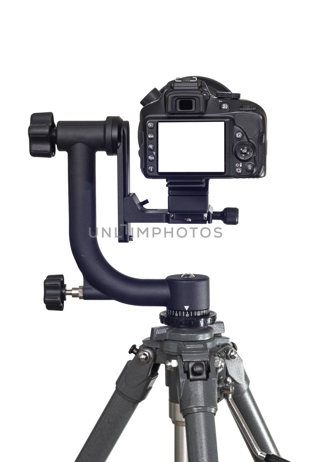 Vertical rear view shot of a digital camera showing a big blank LCD screen on a white background.  Camera is mounted to a Gimbal Head on a tripod.