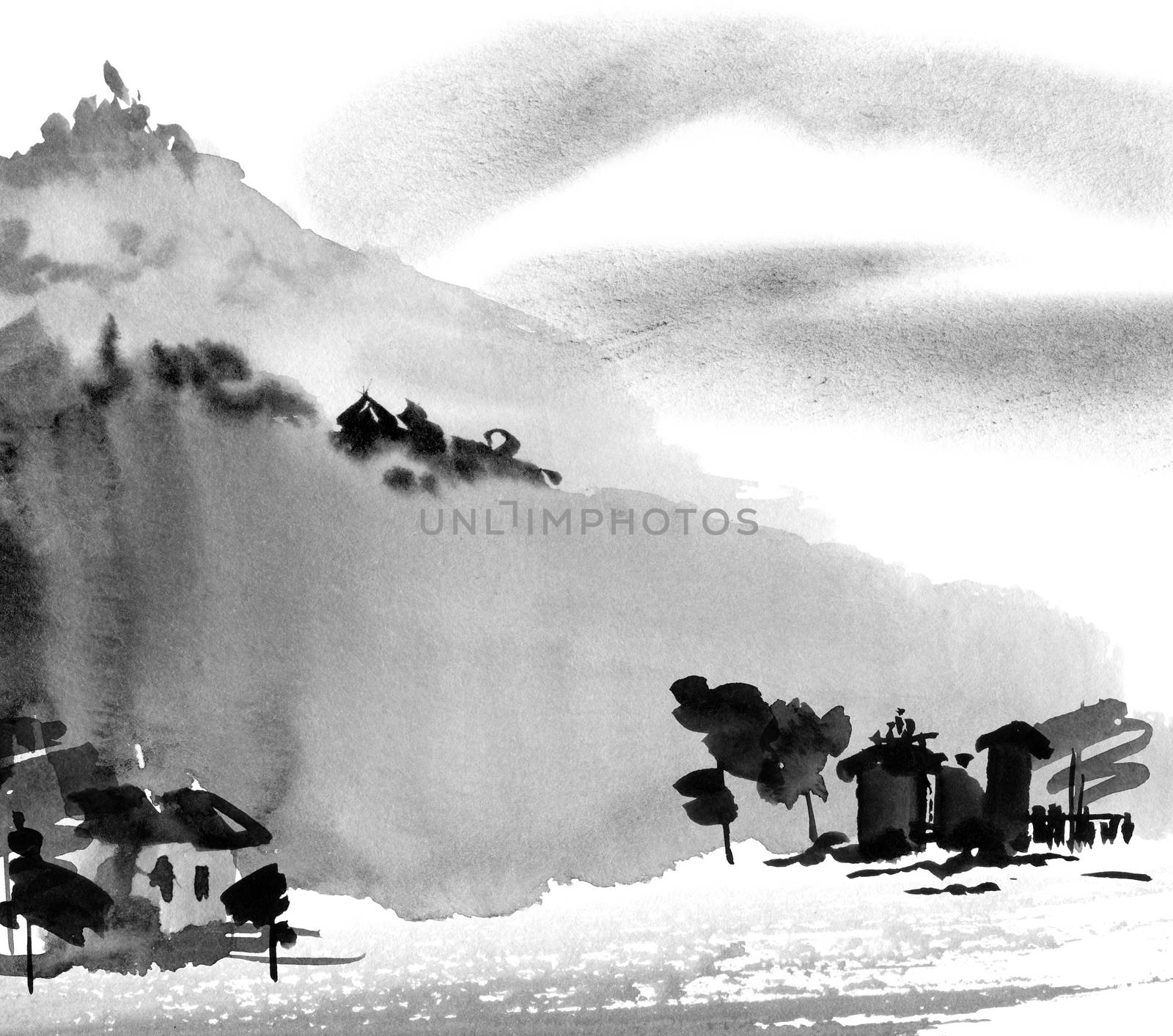 Watercolor and ink illustration of asian landscape with old buildings, trees, mountains and cloud sky. Drawing in style sumi-e, u-sin. Oriental traditional painting.