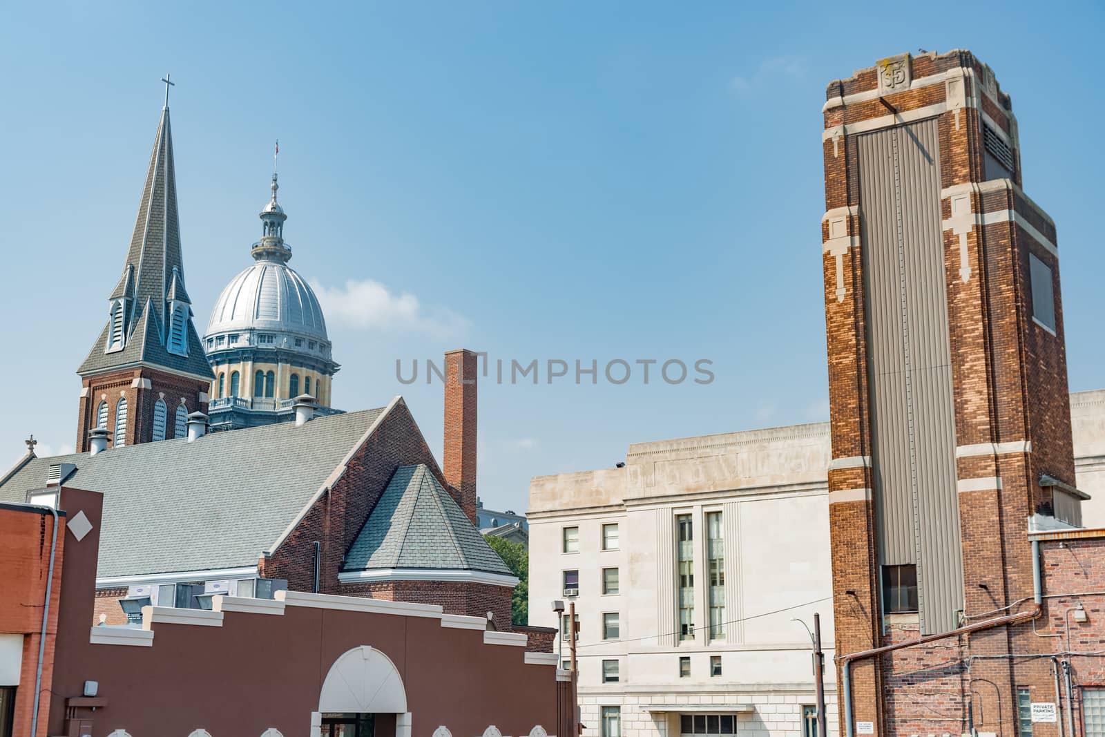 Interesting selection in skyline of gables, rooflines, spire and domes of Springfield, Illinois, USA