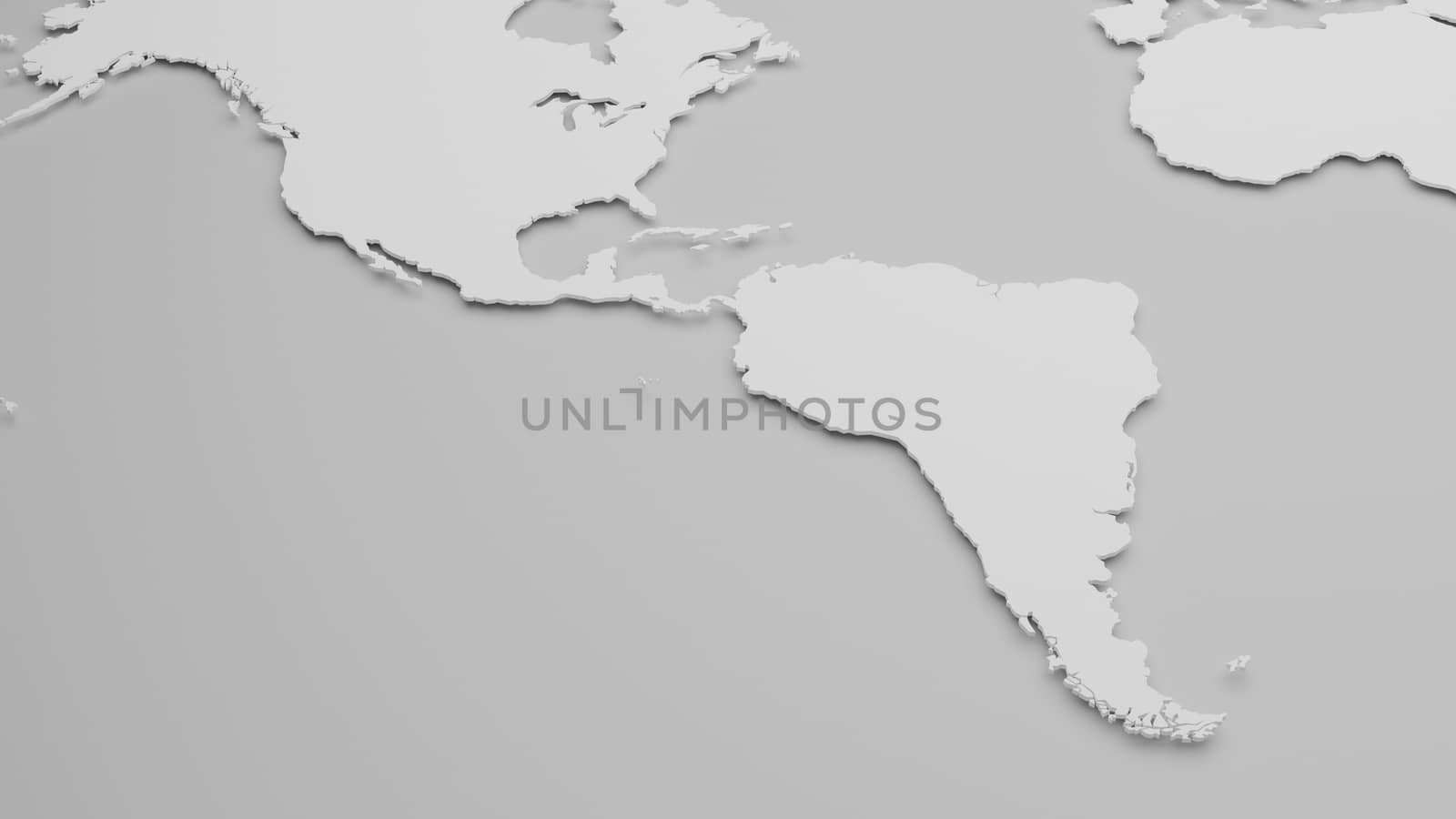 3D map of South America in white on light gray. Global geopolitics concept. Digital 3D render.