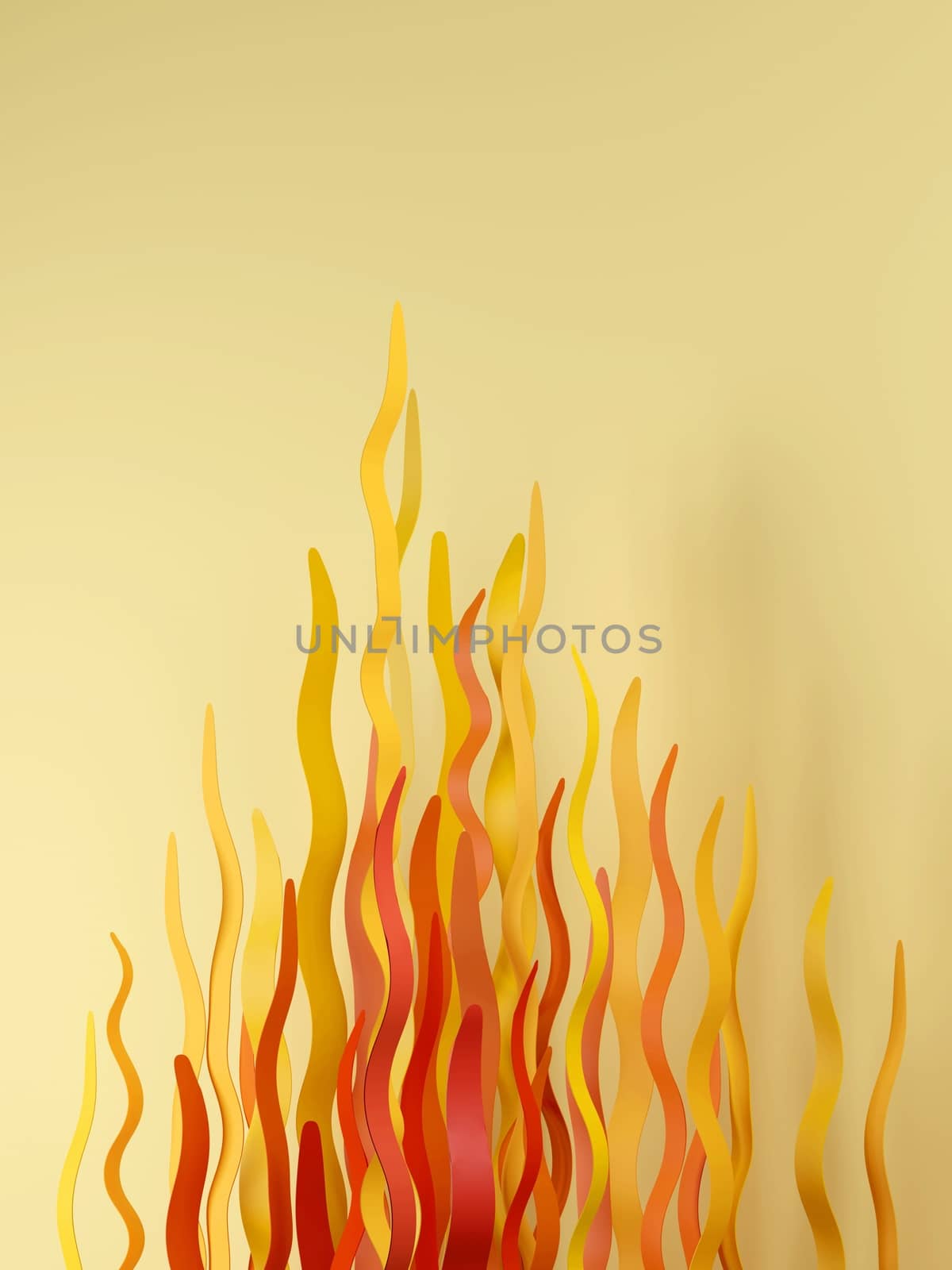 Abstract 3D flames, minimalist design in yellow, orange, and red. Digital 3D render.