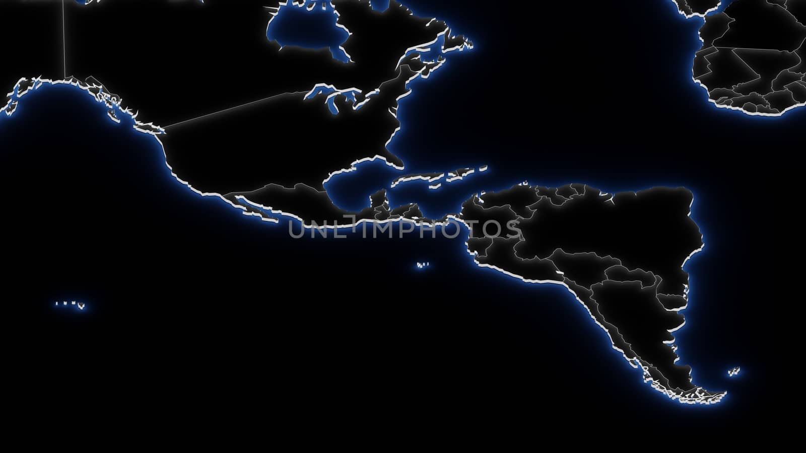 3D map of South America in blue neon on black, with international borders. Global geopolitics concept. Digital 3D render. by hernan_hyper