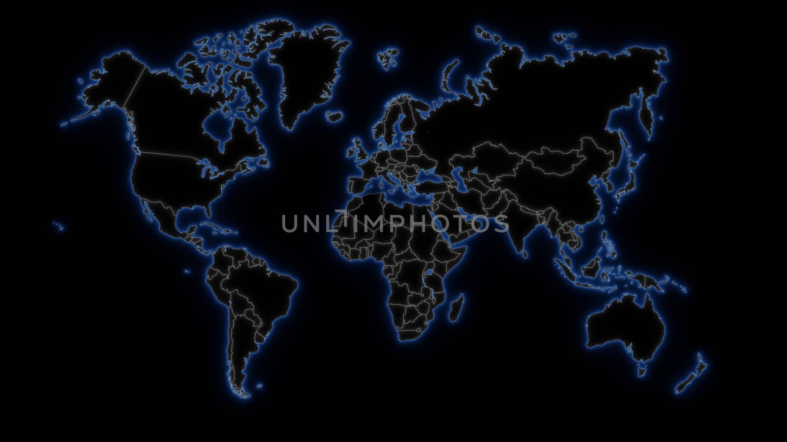 World map in blue neon on black with international political divisions. Geopolitics concept, war room. Digital 3D render. by hernan_hyper