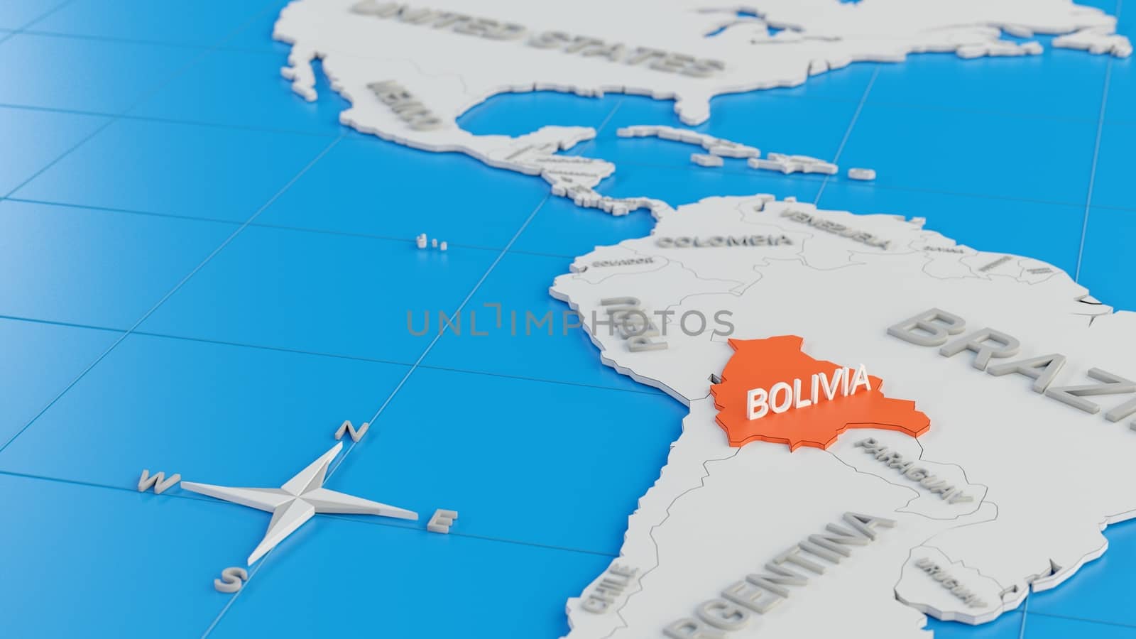 Simplified 3D map of South America, with Bolivia highlighted. Digital 3D render.
