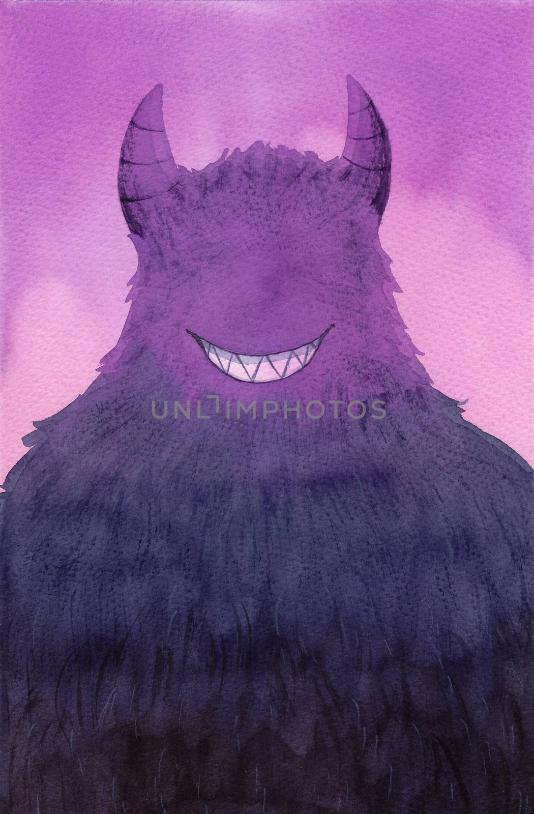 a purple devil monster, hand drawn watercolor illustration.