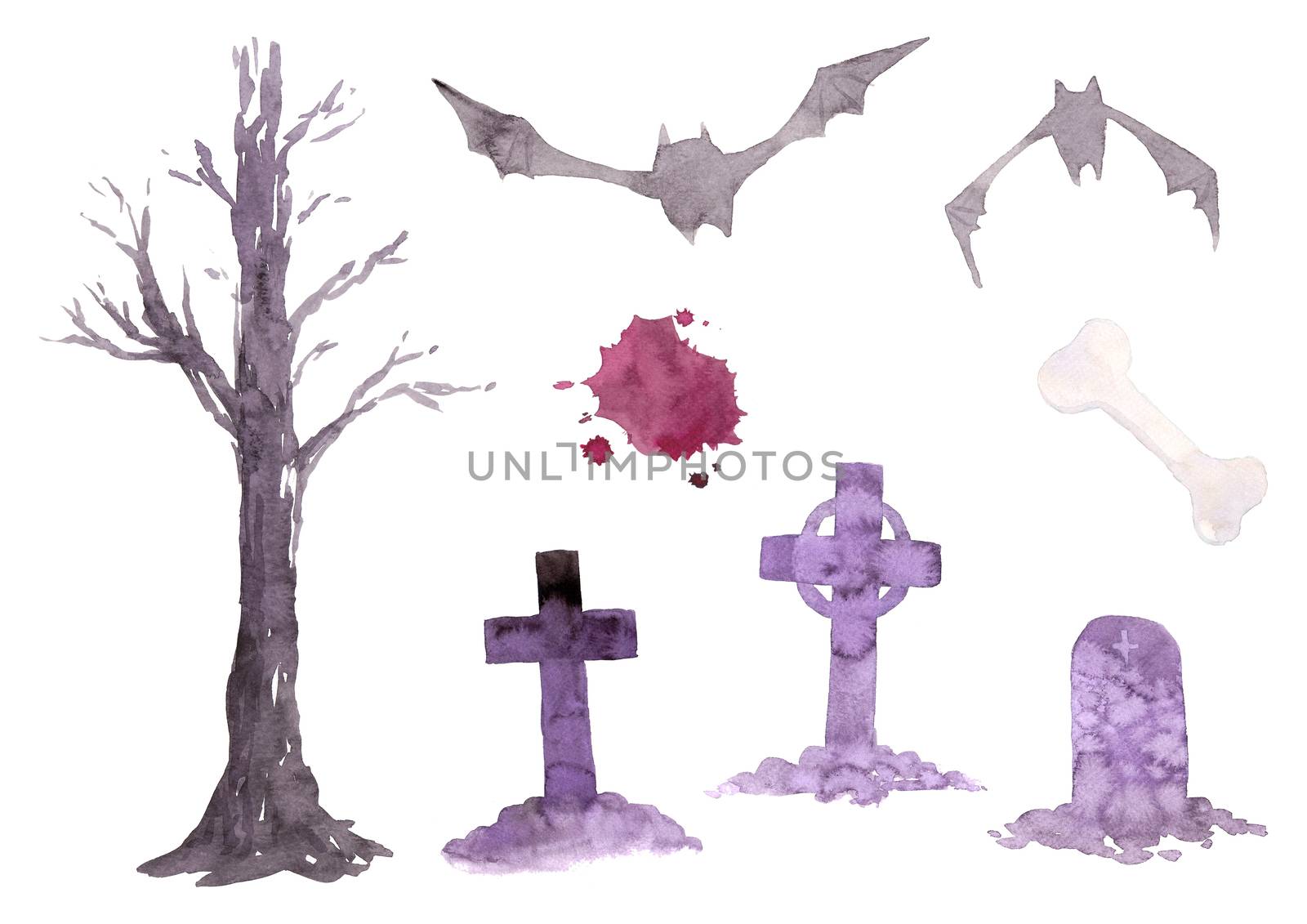Dead tree, grave, bone, bat, blood, halloween party set illustration on white background. watercolor hand painting, good for holiday design. Clipping path. by Ungamrung