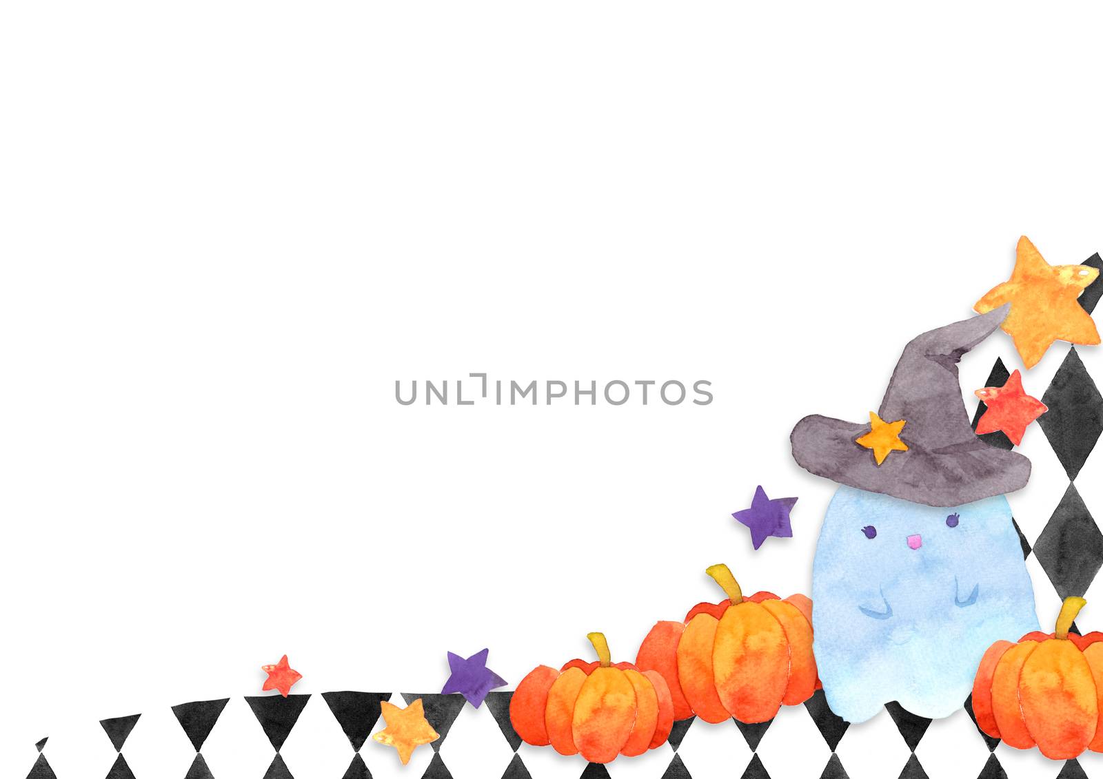 A ghost spirit with witch hat among pumpkins and stars. Happy Halloween background. Funny Cute cartoon baby character. Watercolor hand painting illustration.