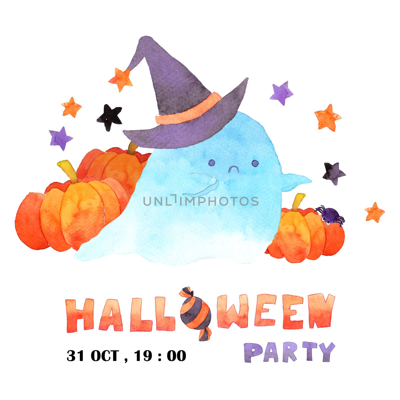 A ghost spirit with witch hat among pumpkins and stars. Funny Cute cartoon baby character. Watercolor hand painting illustration. by Ungamrung