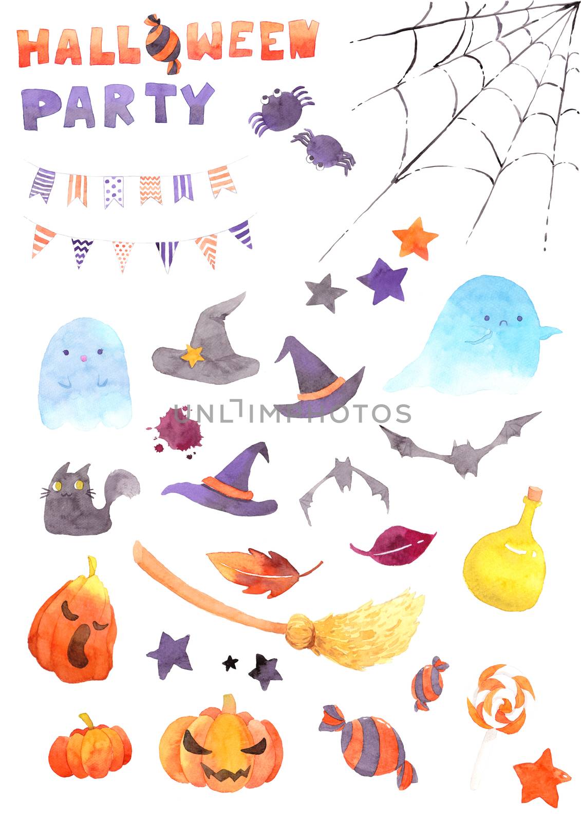 Watercolor Halloween Illustration Set. Funny Cute cartoon baby character, ghost spirit, spider, cobweb, Magic hat, sweets, stars, pumpkin, flag, bat, cat, leave, jack, good for holiday design
