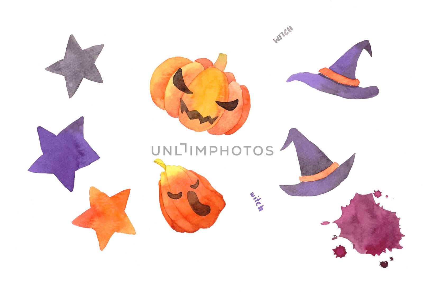 Magic hat, pumpkin, star, halloween party colorful set illustration. watercolor hand painting, good for holiday design. clipping path. by Ungamrung