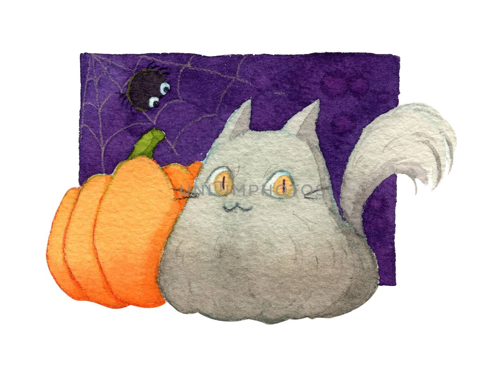 Cat, pumpkin and fat spider on purple background. Watercolor hand painting illustration. Design for halloween event. Clipping path. by Ungamrung