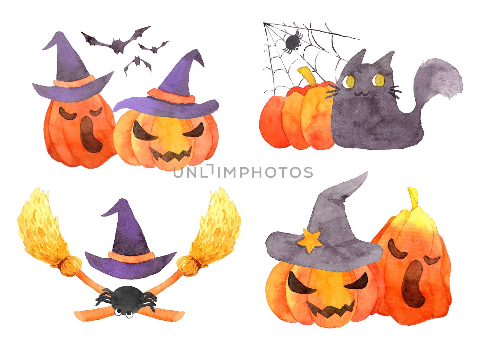 Watercolor Halloween Illustration Set. Funny Cute cartoon character. Design with spider, cobweb, magic hat, pumpkin, bat, cat, broom. Good for holiday design. clipping path. by Ungamrung