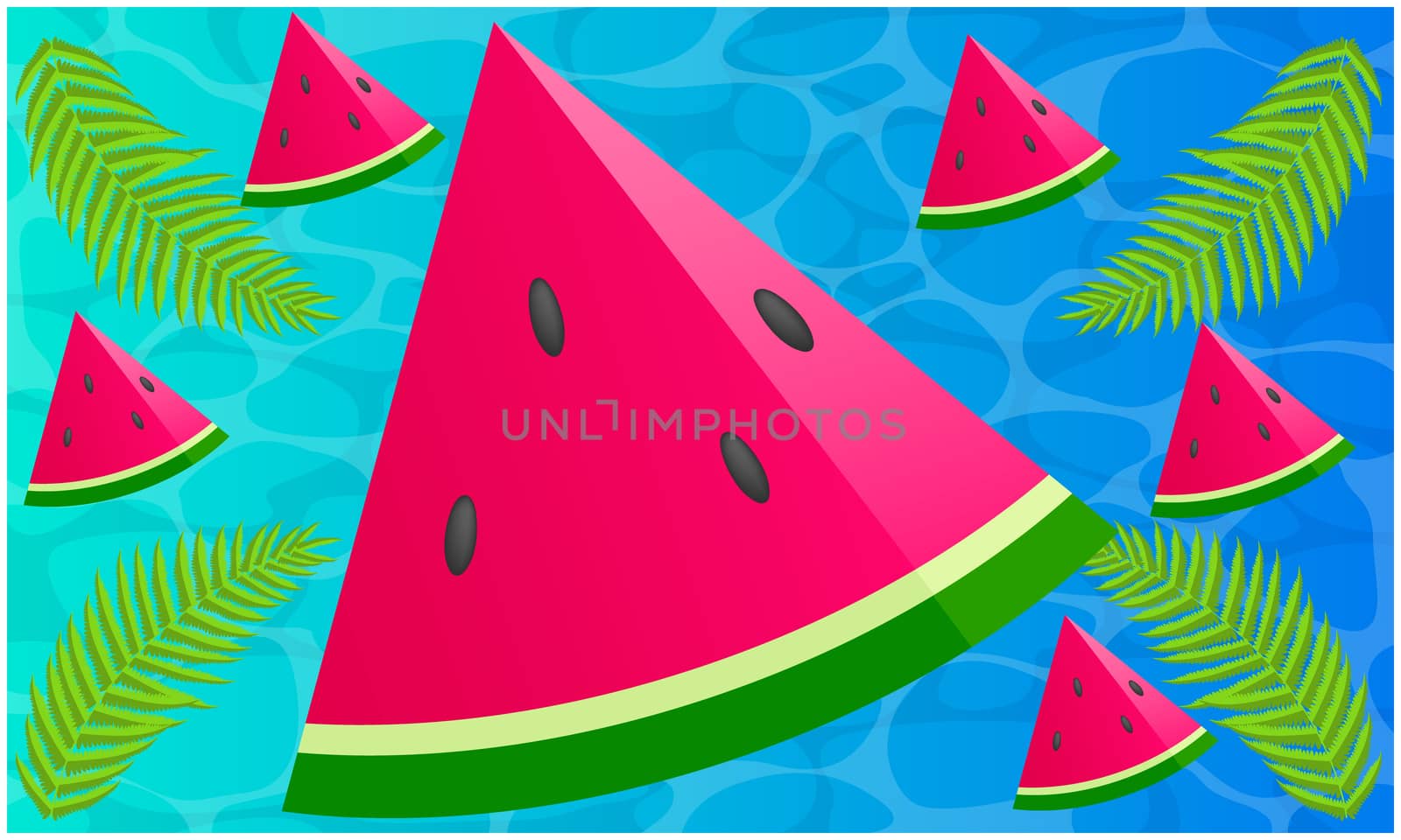 sliced watermelon with leaves on abstract water background by aanavcreationsplus