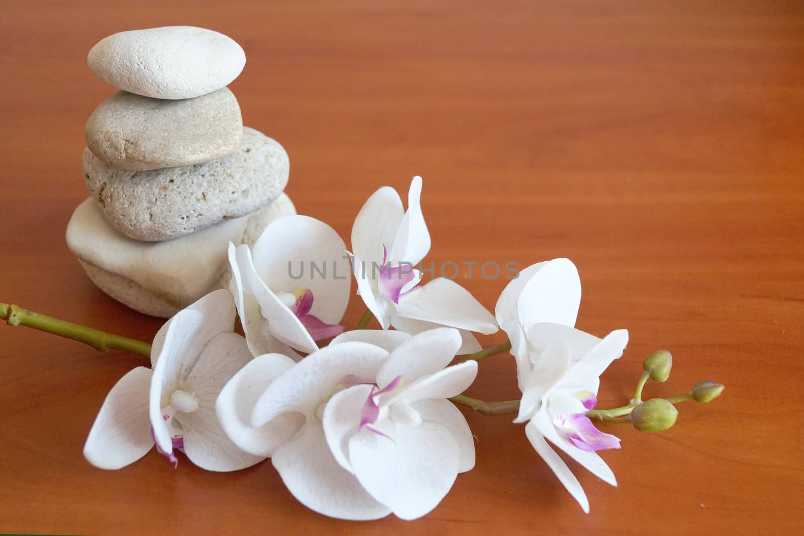 white orchid and natural stones pyramid on wooden background close up