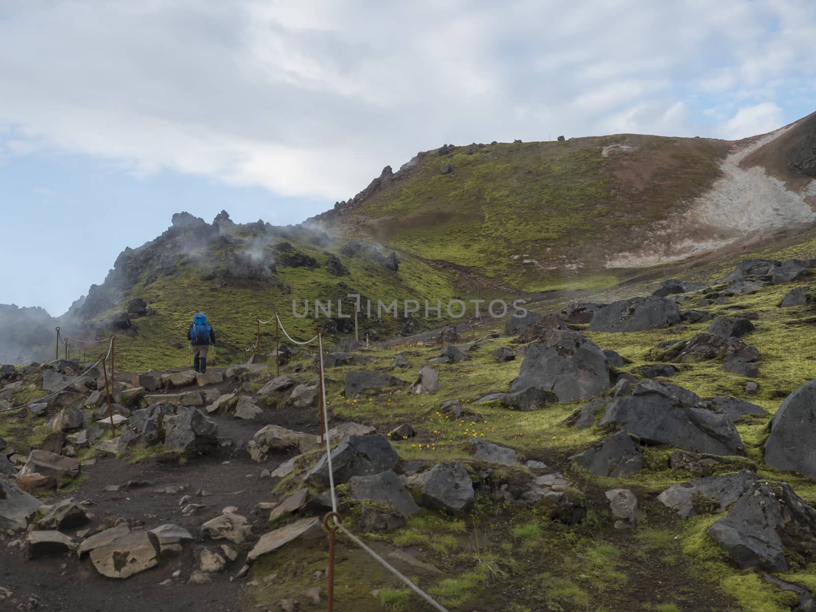Hiker with blue backpack on Laugavegur trek in Colorful Rhyolit rainbow mountain with multicolored volcanos and geothermal fumarole. Landmannalaugar at Fjallabak Nature Reserve, Highlands Iceland.