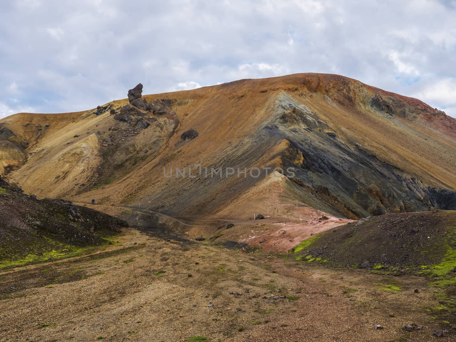 Colorful Brennisteinsalda mountain is one of the most beautiful and multicolored volcanos in Landmannalaugar area of Fjallabak Nature Reserve in Highlands region of Iceland.