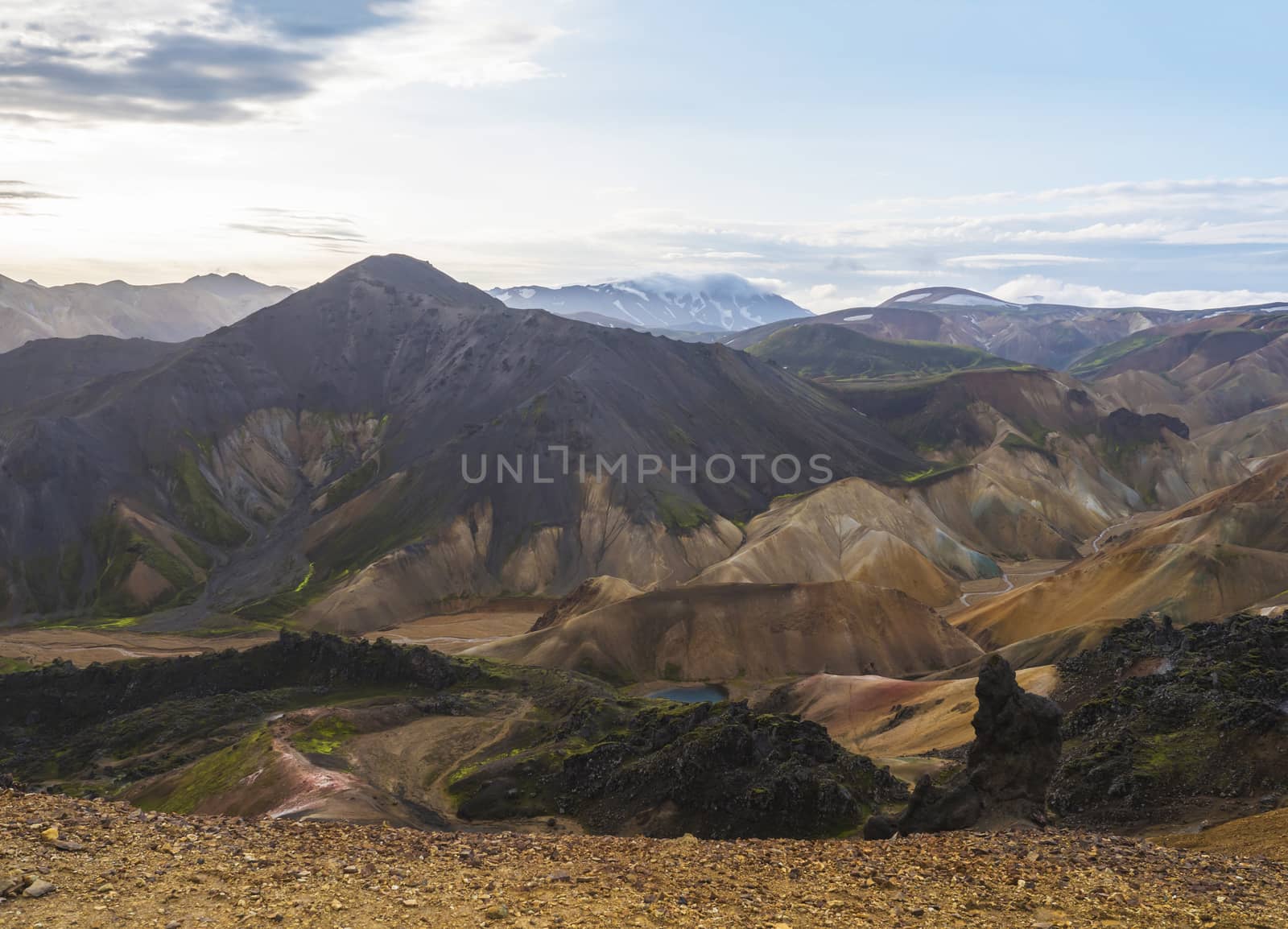Colorful Rhyolit Landmannalaugar mountain panorma with multicolored volcanos and volcanic lake at Fjallabak Nature Reserve in Highlands region of Iceland.
