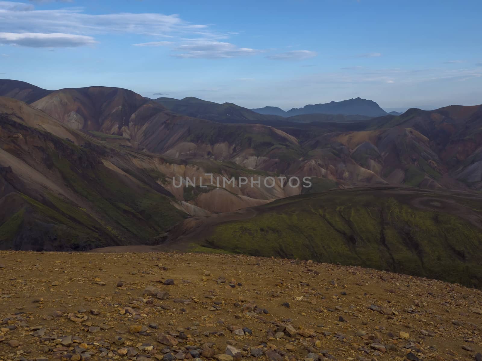 Colorful Rhyolit mountain panorma with multicolored volcanos in Landmannalaugar area of Fjallabak Nature Reserve in Highlands region of Iceland.