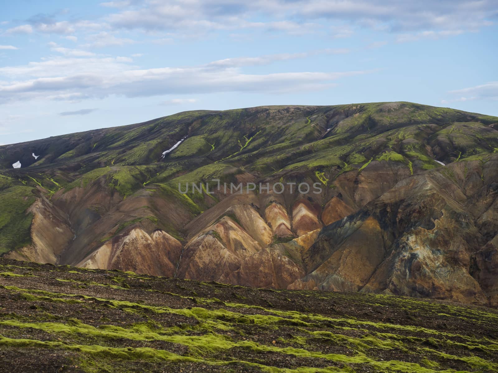 Colorful Rhyolit mountain panorma with multicolored volcanos in Landmannalaugar area of Fjallabak Nature Reserve in Highlands region of Iceland.