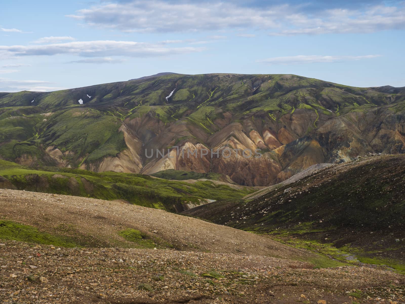 Colorful Rhyolit mountain panorma with multicolored volcanos in Landmannalaugar area of Fjallabak Nature Reserve in Highlands region of Iceland.