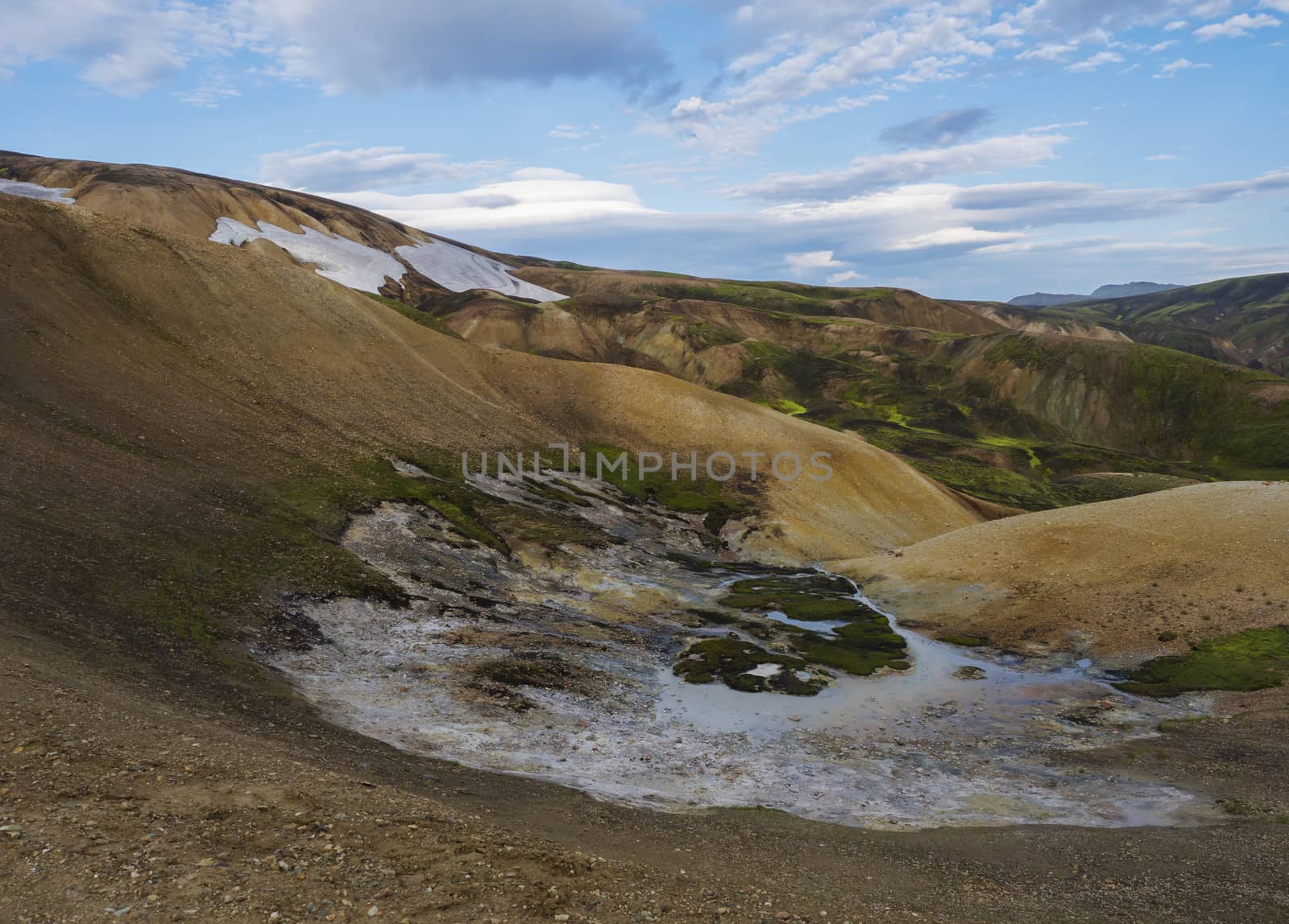 Panorma of Colorful Rhyolit Landmannalaugar mountain with multicolored volcanos and sulphur lake with geothermal fumarole at Fjallabak Nature Reserve in Highlands of Iceland