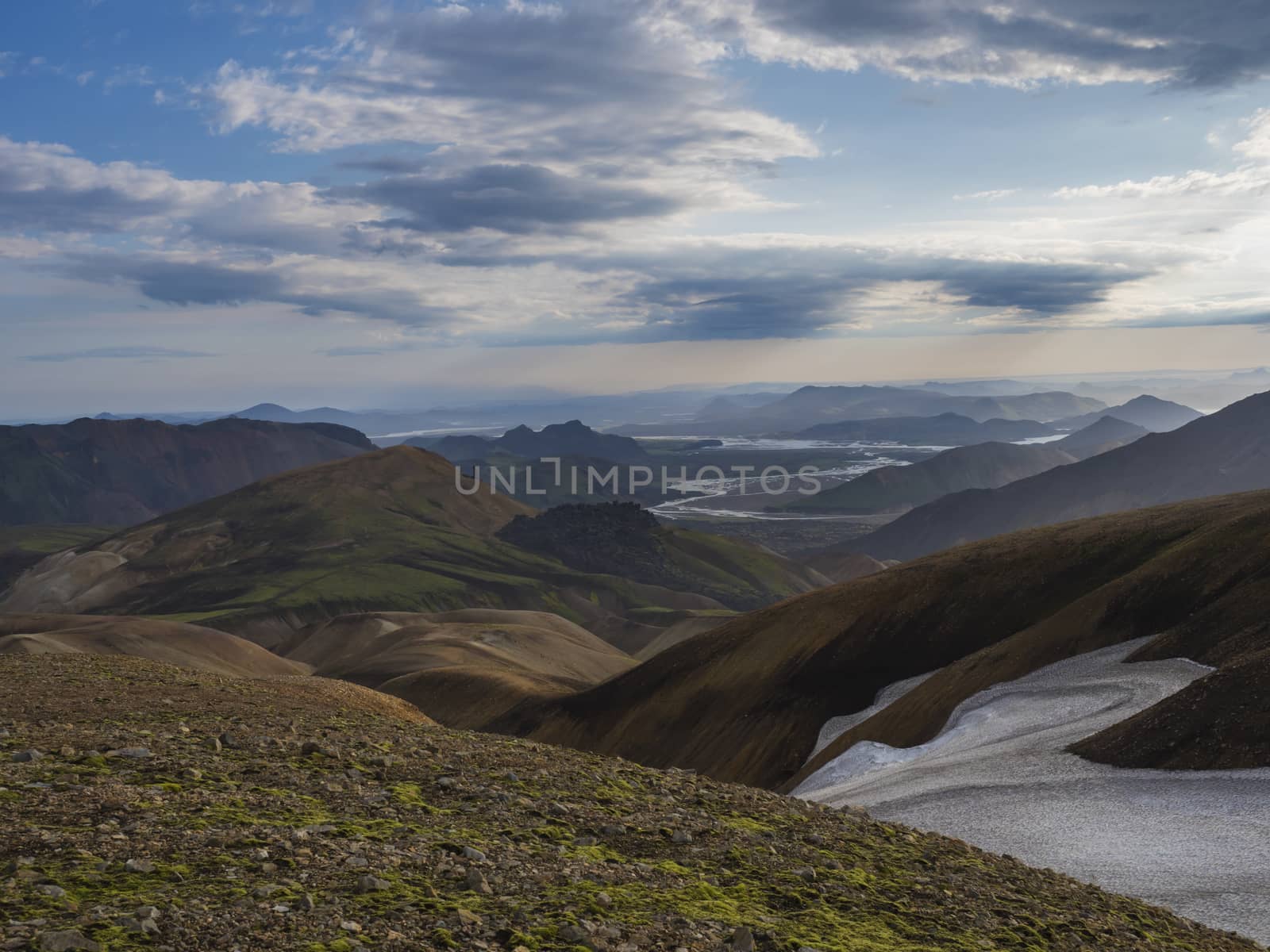 Colorful Rhyolit mountain panorma with multicolored volcanos in Landmannalaugar area of Fjallabak Nature Reserve in Highlands region of Iceland.