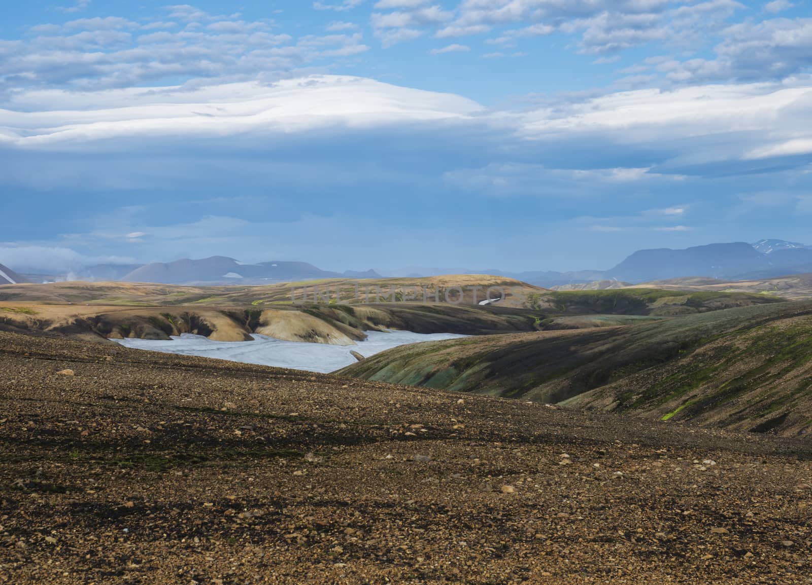 Colorful Rhyolit mountain panorma with snow fiields and multicolored volcanos in Landmannalaugar area of Fjallabak Nature Reserve in Highlands region of Iceland.