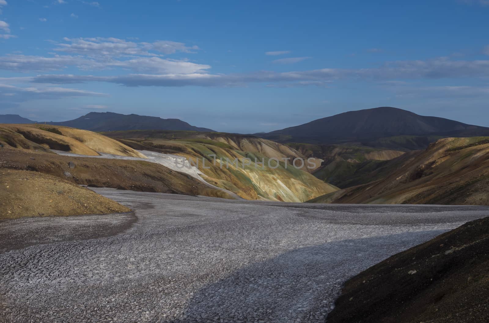 Colorful Rhyolit mountain panorma with snow fiields and multicolored volcanos in Landmannalaugar area of Fjallabak Nature Reserve in Highlands region of Iceland.