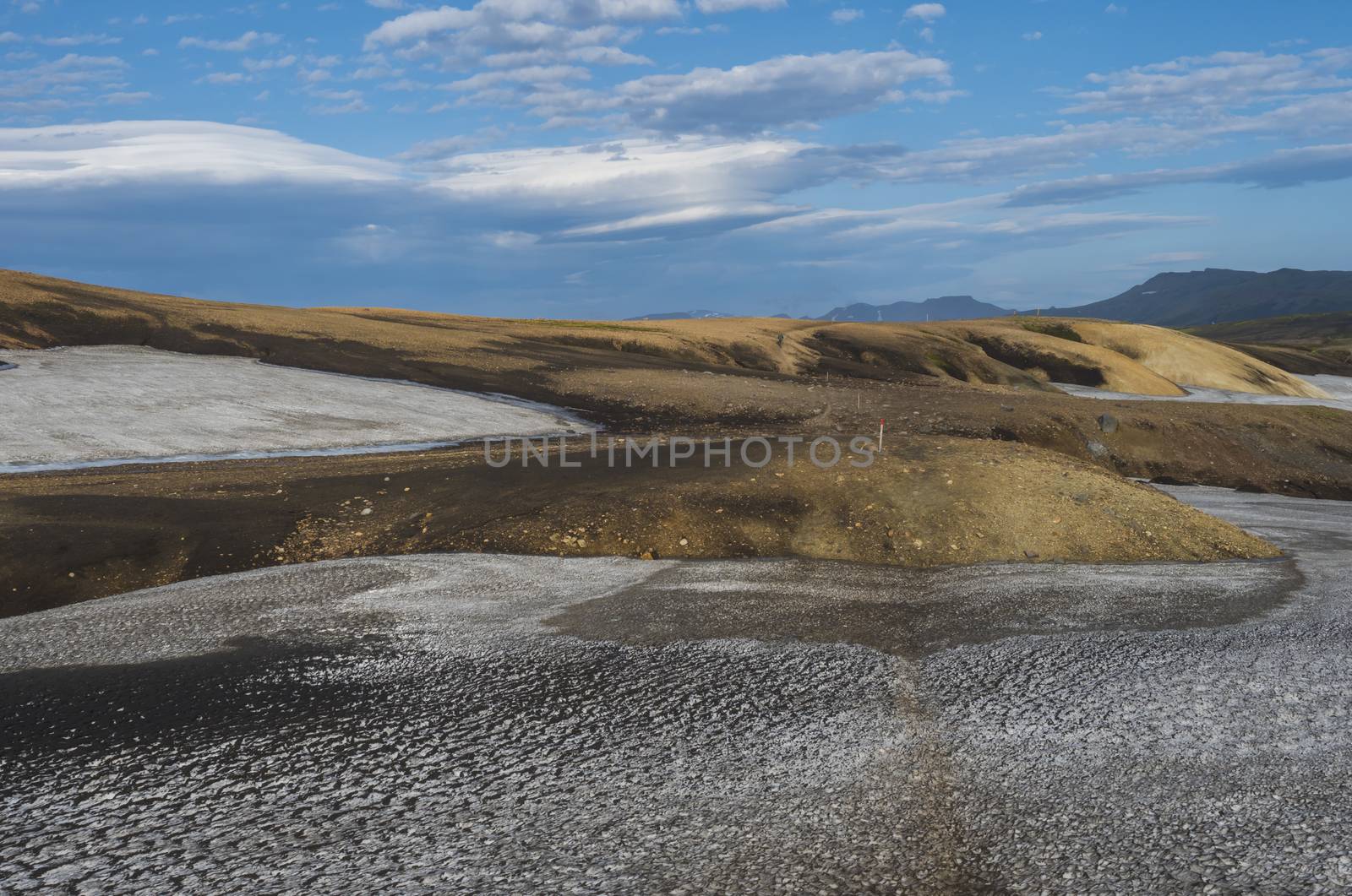 Colorful Rhyolit mountain panorma with snow fiields and multicolored volcanos in Landmannalaugar area of Fjallabak Nature Reserve in Highlands region of Iceland.