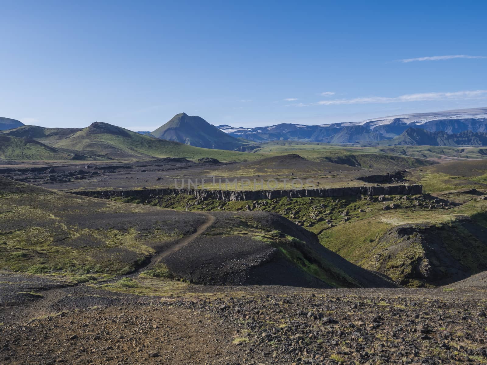 Icelandic landscape with blue Markarfljot river canyon, green hills and eyjafjallajokull volcano glacier. Laugavegur hiking trail. Fjallabak Nature Reserve, Iceland. Summer blue sky.