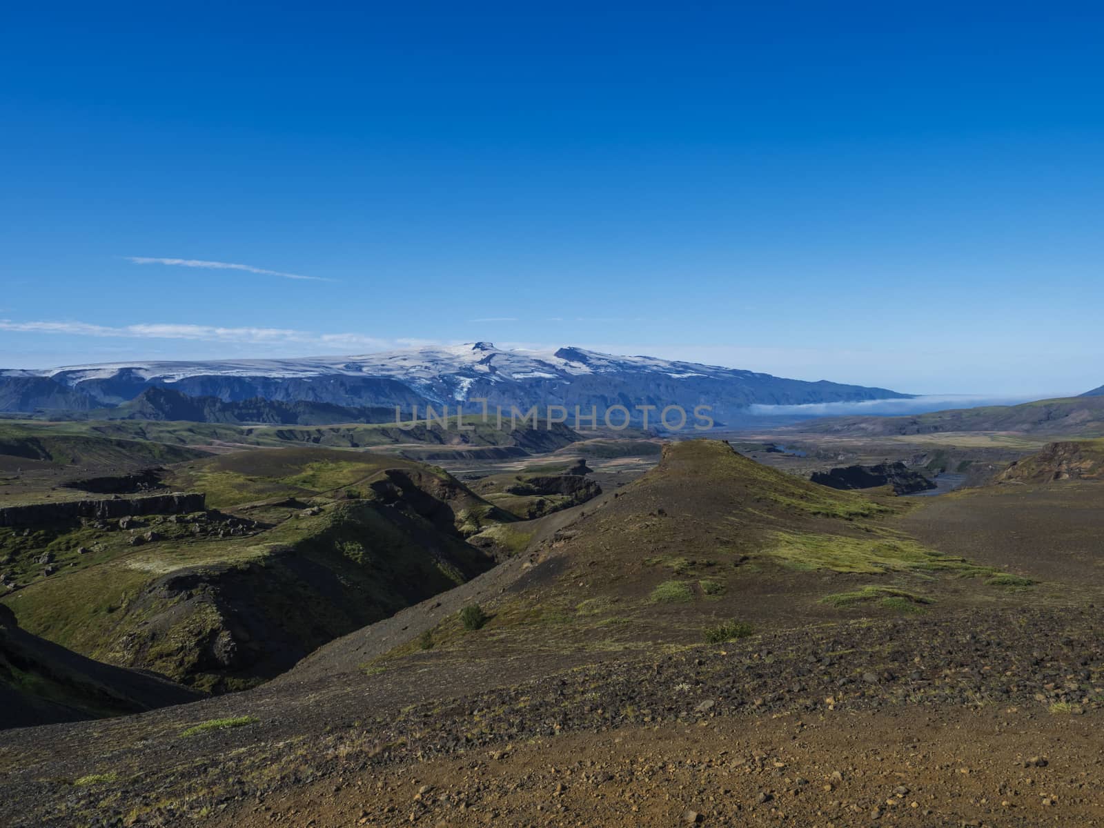 Icelandic landscape with blue Markarfljot river canyon, green hills and eyjafjallajokull volcano glacier. Laugavegur hiking trail. Fjallabak Nature Reserve, Iceland. Summer blue sky.
