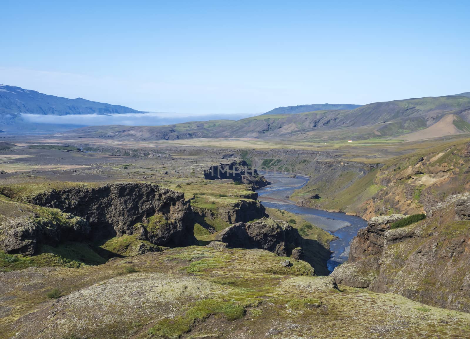 Icelandic landscape with blue Markarfljot river canyon, green hills and eyjafjallajokull volcano glacier. Laugavegur hiking trail. Fjallabak Nature Reserve, Iceland. Summer blue sky.
