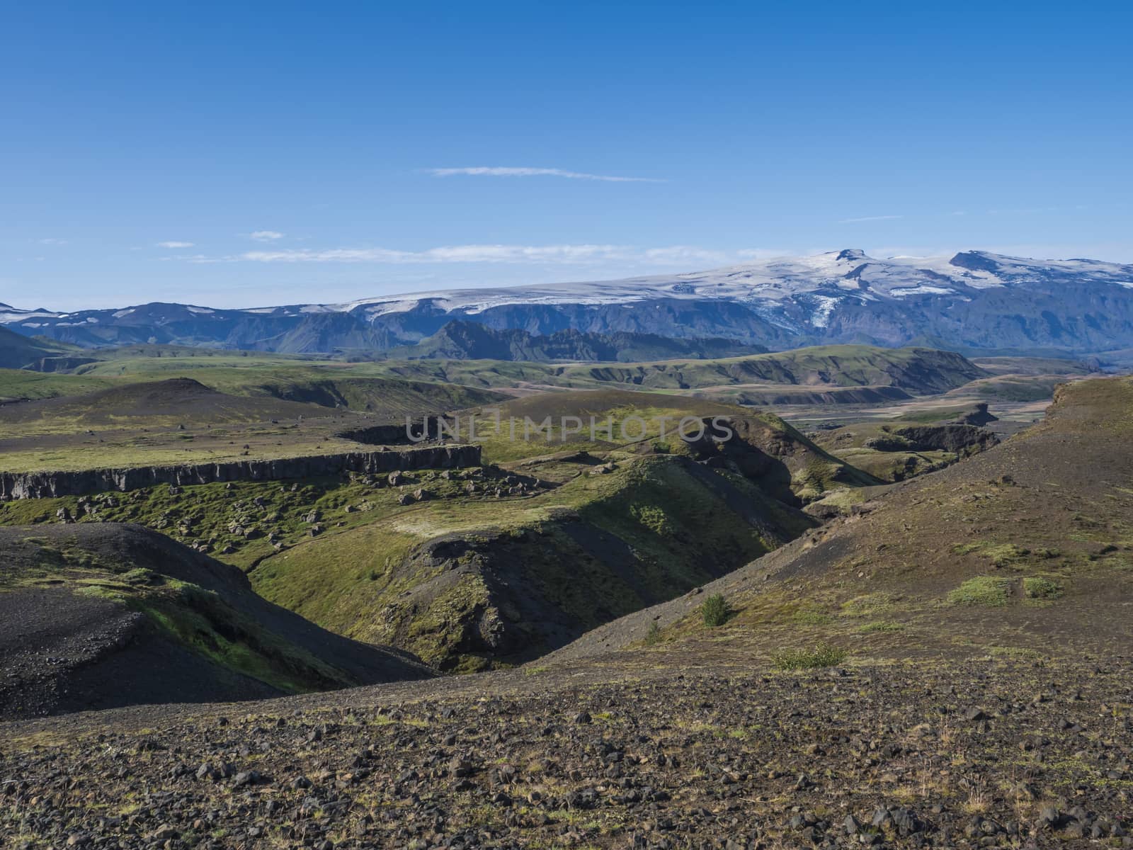 Icelandic landscape with blue Markarfljot river canyon, green hills and eyjafjallajokull volcano glacier. Laugavegur hiking trail. Fjallabak Nature Reserve, Iceland. Summer blue sky.