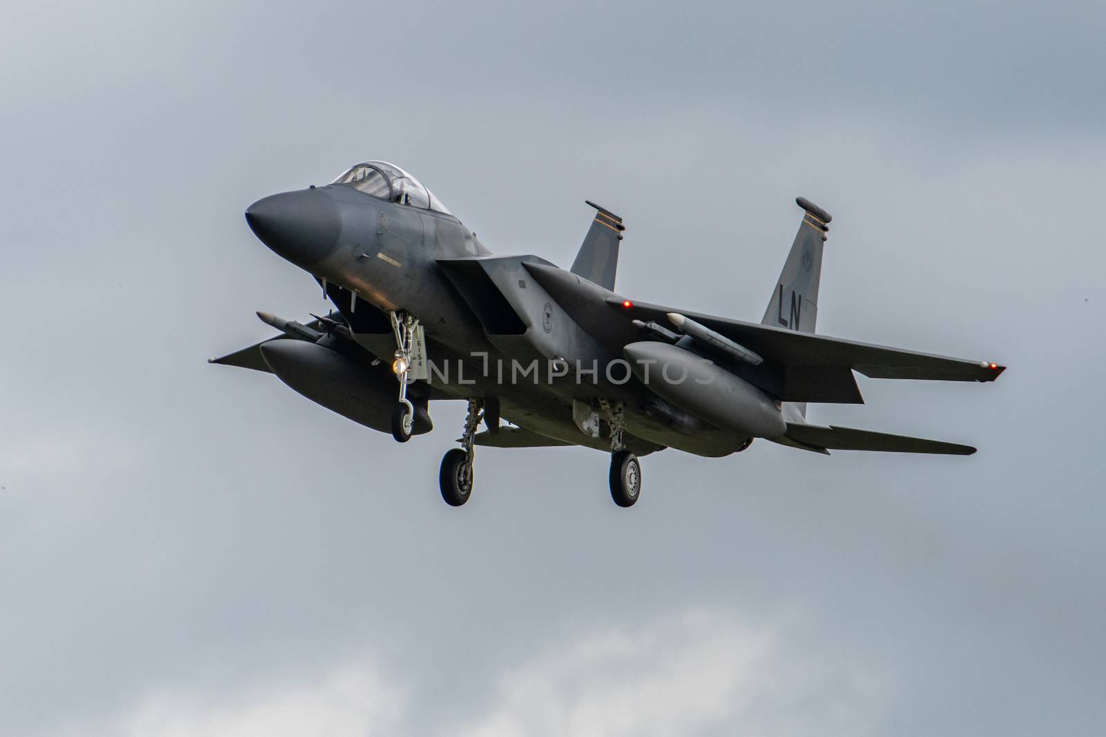 Boeing F-15 fighter jet landing at RAF Lakenheath in England