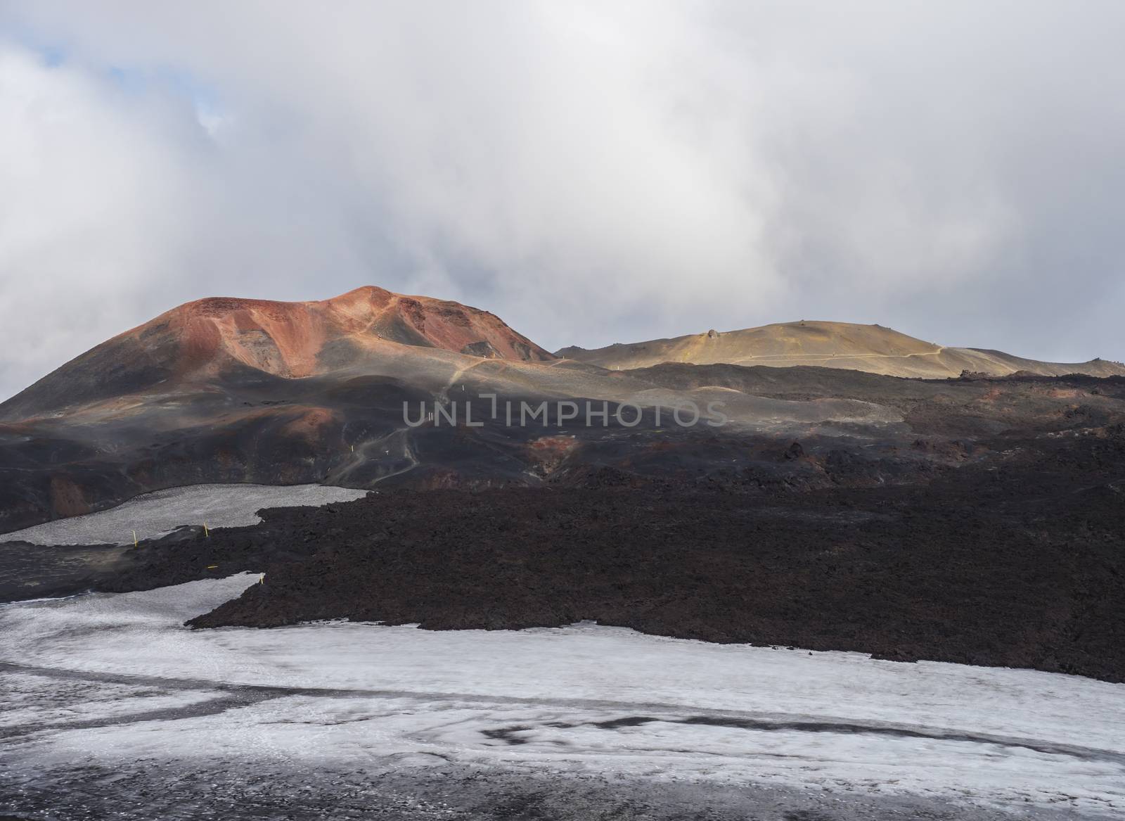 Red and black volcanic Iceland landscape at Fimmvorduhals hiking trail with glacier volcano lava field, snow and magni and mudi hill, createed by eruption of Eyjafjallajokull in 2010 which affected air traffic in the whole Europe. Summer blue sky.