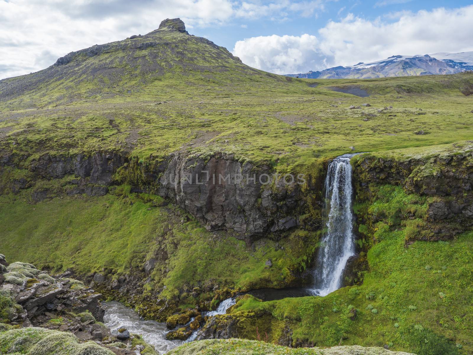 Beautifull waterfall on the Skoga River with no people on famous Fimmvorduhals trail second part of Laugavegur trek. Summer landscape on a sunny day. Amazing in nature. August 2019, South Iceland.