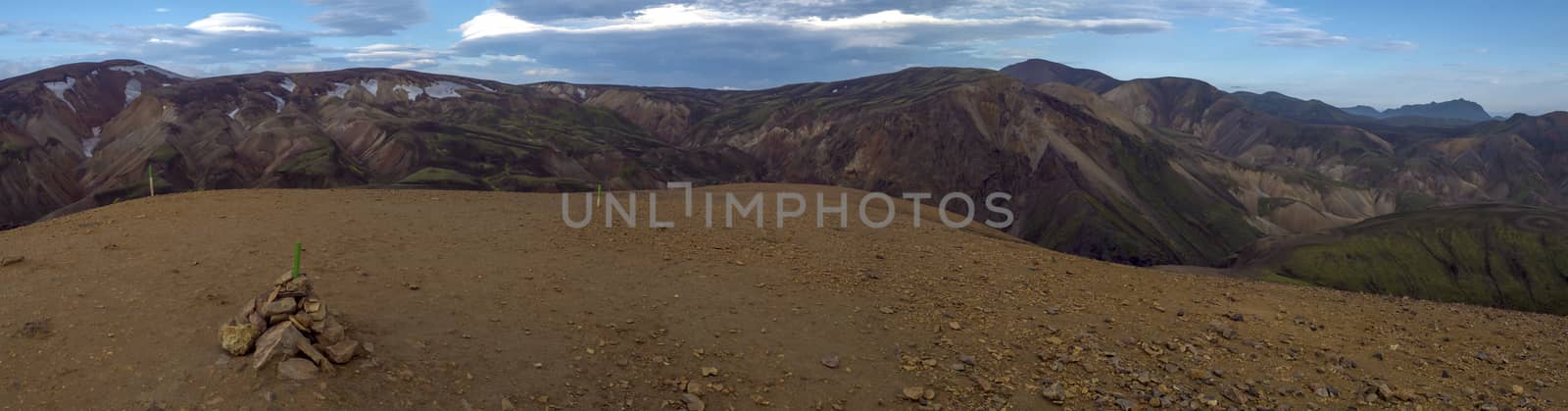 Beautiful scenic panorama of colorful volcanic mountains in Landmannalaugar from top of Brennisteinsalda mountain peak. Area of Fjallabak Nature Reserve in Highlands of Iceland by Henkeova